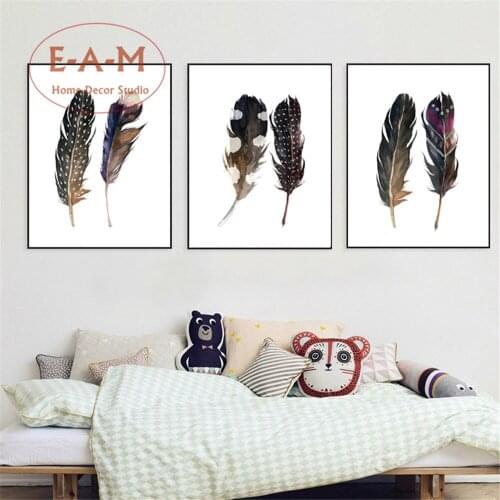 E-A-M Feather Watercolor Canvas Art Print Painting Poster Wall Pictures For Kids Room Home Decorative Bedroom Decor No Frame