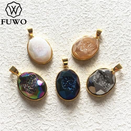 FUWO Fashion Rainbow Titanium oval Druzy Pendant Faceted Connector With Gold Bezel Trimmed For Jewelry Making PD244