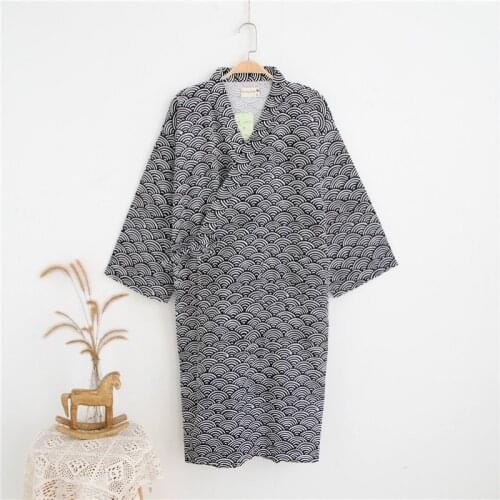 Mens 100% Cotton Gauze Robes Japanese Kimono Robe Three Quarter Bathrobe Black V-Neck Sleepwear Water Ripples Print Sleep Tops