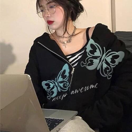 HOUZHOU Gothic Black Harajuku Zip Up Hoodie Oversized Long Sleeve Hip Hop Streetwear Sweatshirt Female Grunge Retro Casual Top