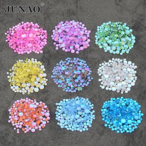 JUNAO 1440pcs Colorful Half Round Mix Size Rhinestones Flatback Glue On Loose Beads Glass Cabochon Crystal Gems Nail Accessories