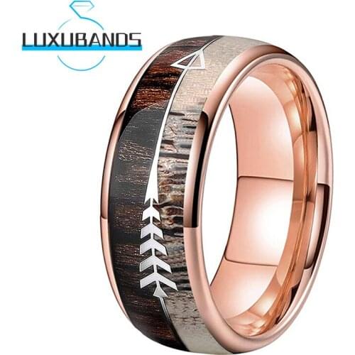 8MM Rose Gold Tungsten Engagement Rings For Men Women Wedding Bands Zebra Wood Antler Arrows Inlay Polished Finished Comfort Fit