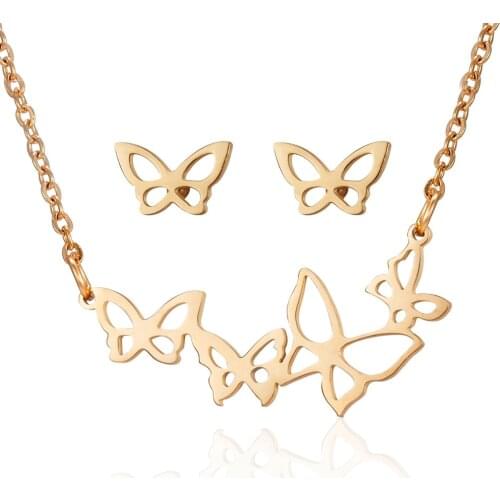 Stainless Steel Hollow Butterfly Pendent Necklace Earrings Set Gold Color Animal Jewelry Sets For Women Wedding Jewelry Gifts