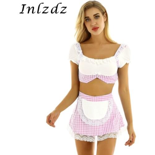 Womens School Girls Uniform Suit Sex Cosplay Custome Lovely Scotland Outfit Crop Top with Mini Skirt Sexy Roleplay Games Clothes