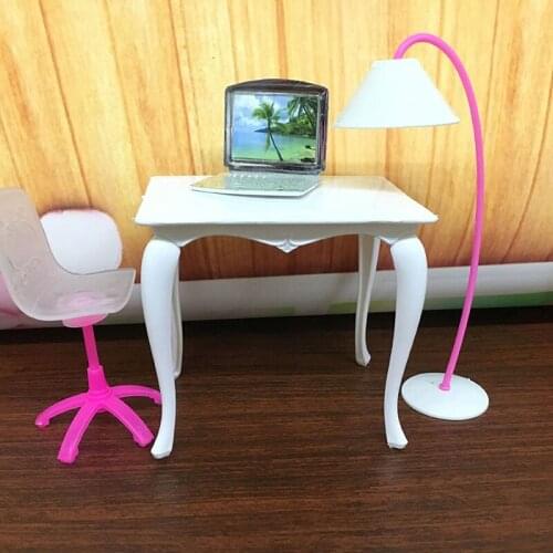 4pcs/set Lamp + Computer + Table + Chair Baby Toy Miniature Furniture Doll Role Playing Props Worktable Table Doll Accessories