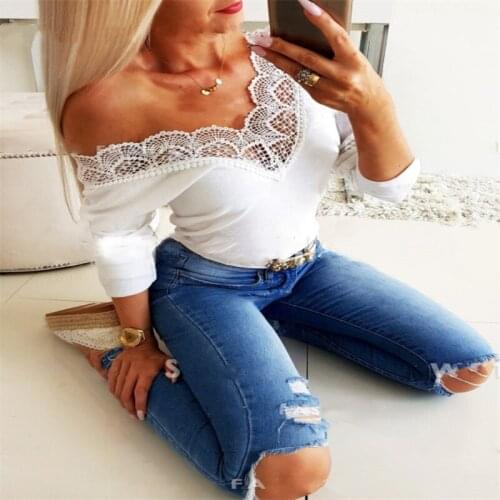 Summer Hollow Out Lace Blouse Tops Women Off Shoulder Long Sleeve Top Shirts Ladies Sexy Solid Color V Neck Shirt Women Clothing