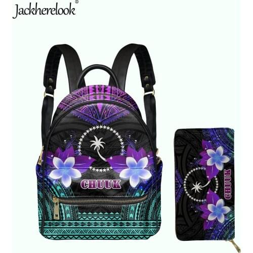 Jackherelook Chuuk Polynesian Plumeria Design Mini PU Backpack Wallet 2pcs/Set for Women Girls Small Schoolbag Satchel Purse