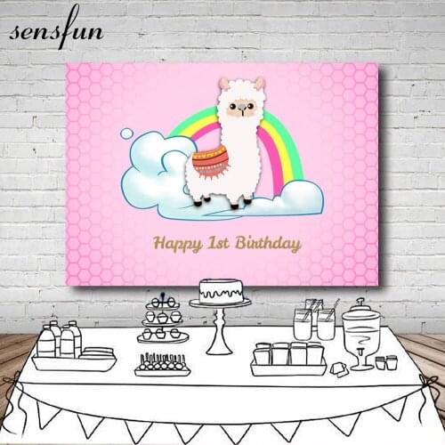 Cartoon Alpaca Rainbow Backdrop For Kids Pink Theme Baby Shower Happy 1st Birthday Party Backgrounds For Photo Studio 7x5FT