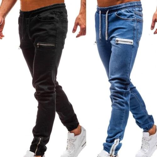 Mens Elastic Denim Pants Casual Frosted Zipper Drawstring Jeans Training Jogger Athletic Multi Pockets Ankle Tied Sweatpants