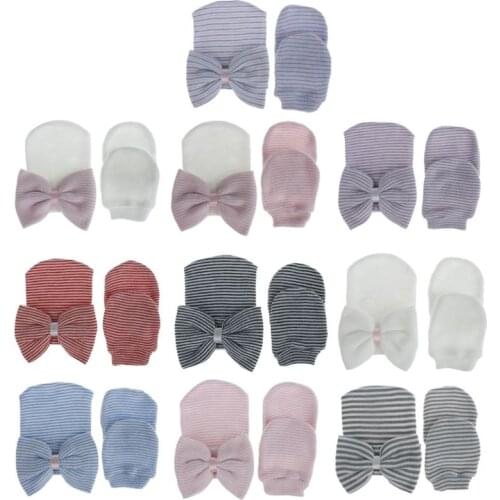 Newborn Baby Hospital Hat & Mitten Set,Boy Girl Infant Stripe Cap with Large Bow N1HB