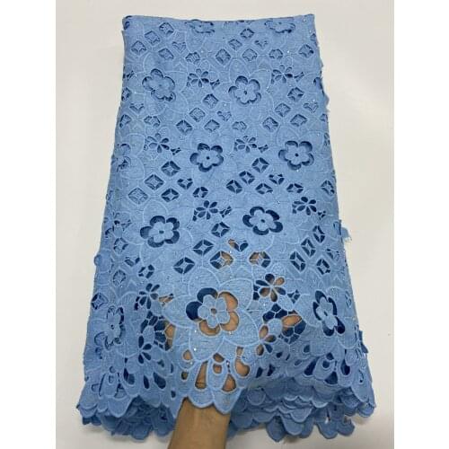 Sky Blue African Cord Guipure Lace Fabric With Stones High Quality Milk Silk Water Soluble Lace For Wedding Party Dress