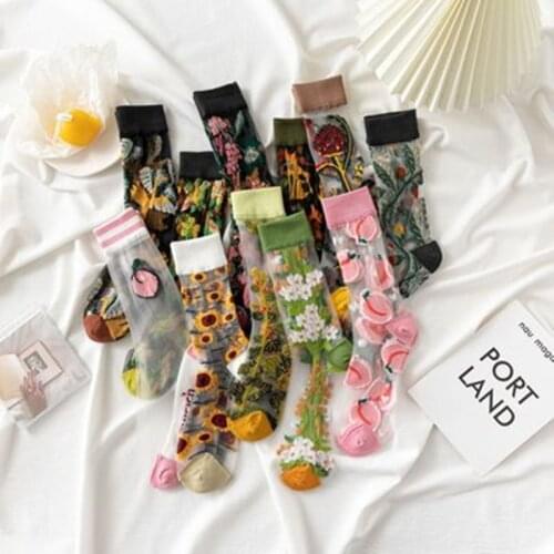 Summer Soft Comfortable Harajuku Crystal Silk Kawaii Printed Women Cotton Middle Tube Socks for Christmas Gifts