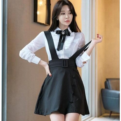 New arrival fashion set women spring OL young casual ladies long sleeve ruffle bow white shirt and striped dress two piece set