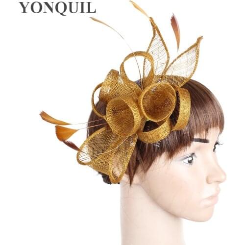 New Arrival Gold Sinamay Party Fascinator Hats Elegant Sposa With Feather Decor Hair Accessories On Hair Combs Headwear SYF231