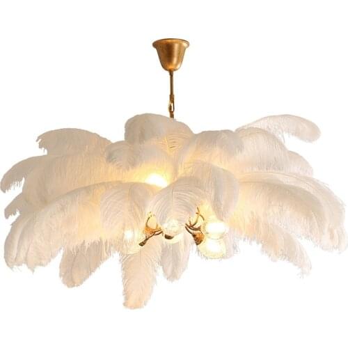 New Nordic Luxury Ostrich Feather Living Room Chandelier Personality Full Copper Modern Romantic Bedroom Clothing Shop Light