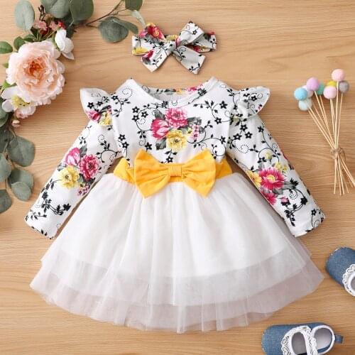 6M-4T Toddler Dress Baby Girl Dress Mesh White Lace Yellow Bow Floral Print Long Sleeve Princess Spring Autumn Winter Dress
