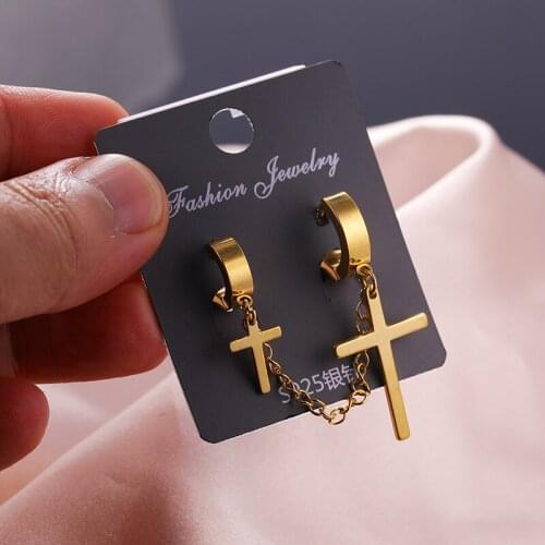 JUWANG 1 Pcs Vintage Punk Double Hoop Earrings For Women Men Pendientes Jewelry Stainless Steel Cross Pendant Dangle Earrings