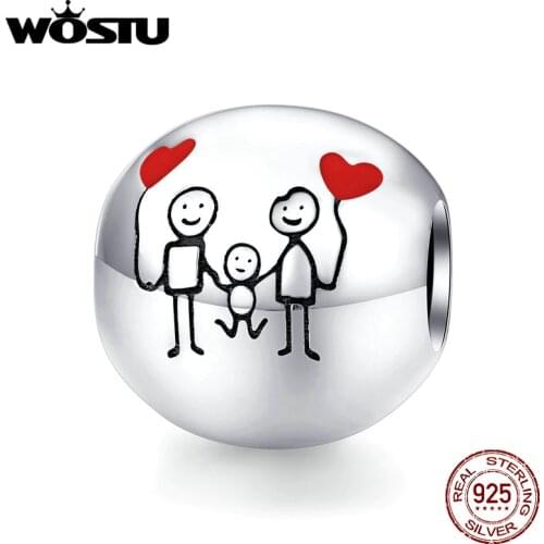 WOSTU Happy Family Beads 925 Sterling Silver My Family Round Charms Fit Original Bracelet Pendant Heart Lucky Jewelry CQC1339