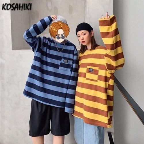 KOSAHIKI Korean O-neck T Shirt Women Men Harajuku Striped Tshirt Tops Summer Loose Casual Long Sleeve Punk T-shirts Camiseta