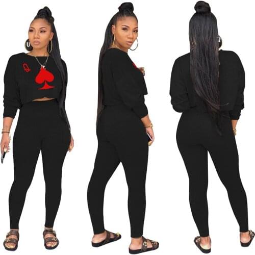 Poker Spades Q Print Long Sleeves Shirt & Trousers Women Two Piece Outfits 2020 Autumn European & American Casual Suits