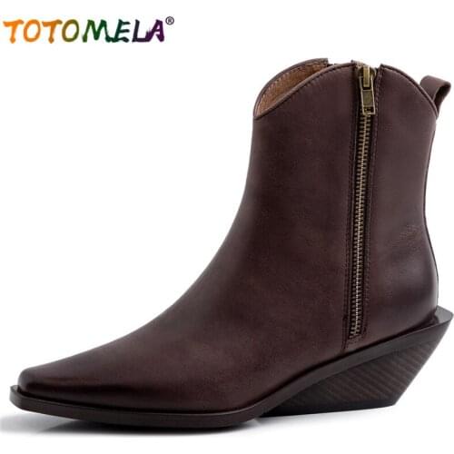 TOTOMELA 2020 New full genuine leather boots women retro wedges heel autumn ankle boots for women ladies western boots female