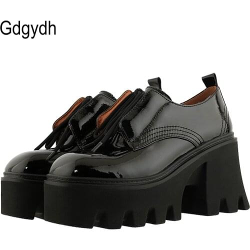 Gdgydh Patent Leather Shoes Women New Spring High Platform Chunky Heel Pumps Black Retro Lace Up High Quality Gothic Style