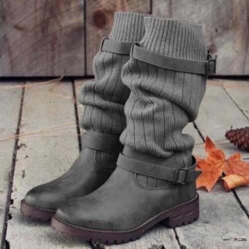 Newest Womens Boots Buckle Strap High Quality Knee Length Round Toe Med Heel Modern Boots for Ladies Zapatos De Mujer