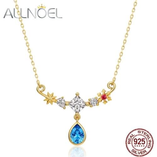 ALLNOEL 925 Sterling Silver Necklace For Women Nano Blue Zirconium Water Drop Necklaces Adjustale Length 9K Gold Jewelry Gift
