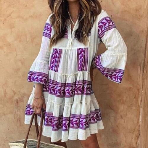 Vintage Print Striped Long Sleeve Dresses Women 2021 Autumn Summer Casual Loose Short V Neck Boho Holiday Dress Vestido De Mujer