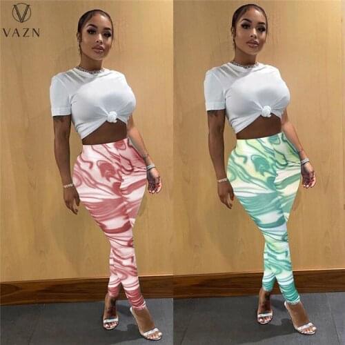 VAZN 2021 Hot Sales Casual Daily Soft Suitable Parity Short Sleeve Top Skinny Long Pencil Pants Slim 2PCs Set Women Suits