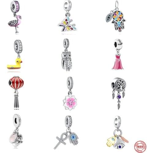 New Sterling Silver 925 Pink Flower Owl Cup Dress Butterfly DIY Fine Beads Fit Original Pandora Charm Bracelet Jewelry Women