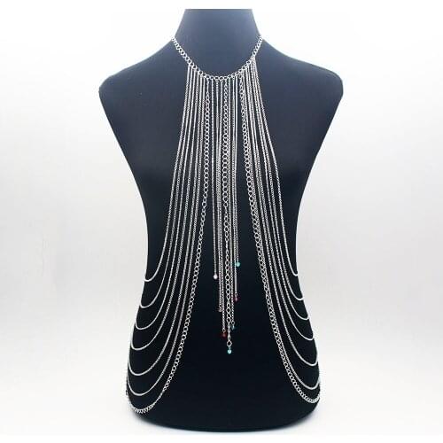 2 Colors Full Metal Crystal Pendant Necklace Body Chain Shoulder Chain Gold JEWELRY Necklace Bikini Harness Dress BY123