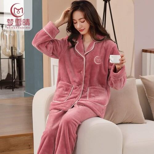 Home Clothes for Women Flannel Pajamas Women Autumn and Winter Plus Velvet Thick Turn Down Collar Cute Korean Pajamas