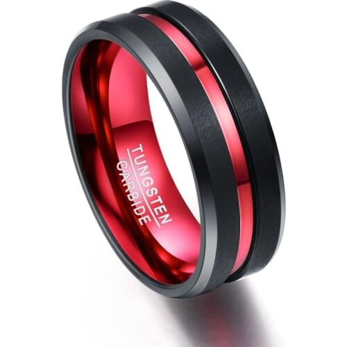 8MM Wide Never Fade Tungsten Steel Rings Groove Red Mens Engagement Wedding Ring