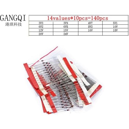 14values*10pcs=140pcs 1W Zener diode kit DO-41 3.3V-30V component diy kit 3V3 3V9 4V7 5V1 6V2 6V8 8V2 10V 12V 15V 16V 18V