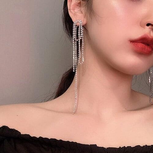 2020 New Silver Color Long Crystal Tassel Dangle Earrings Chain rhinestone ear studs for Women Wedding Drop Earing Fashion Jewel