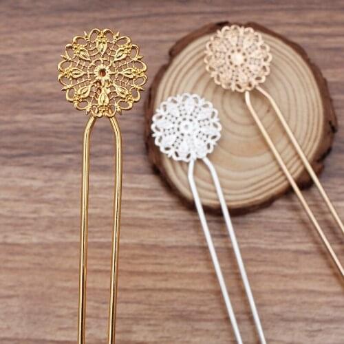 5PCS 2*125mm Copper Hair Forks Settings 26mm Flowers Hair Sticks Base DIY Hair Accessories For Jewelry Making