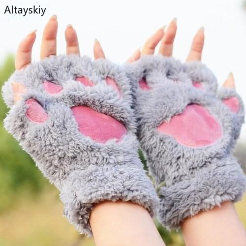 Gloves Women Thicker Warm Winter Kawaii Plush Cat Claw Paw Cartoon Half-finger Sweet Womens Glove Lovely Girls Trendy Cute Mitts