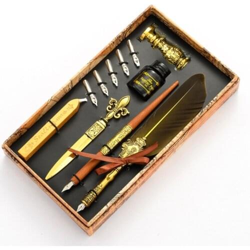 Calligraphy Quill Feather Dip Pen Fountain Writing Ink Nibs Seal Wax Gift Box M17F