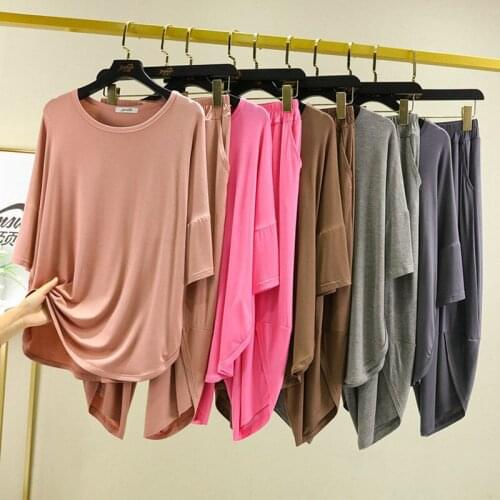 Modal Pajamas Set Short Sleeve T-shirt Pants 2Piece/Set Summer Sexy Hot Pyjama Big Size Mom Homewear Cozy Plus Sleepwear