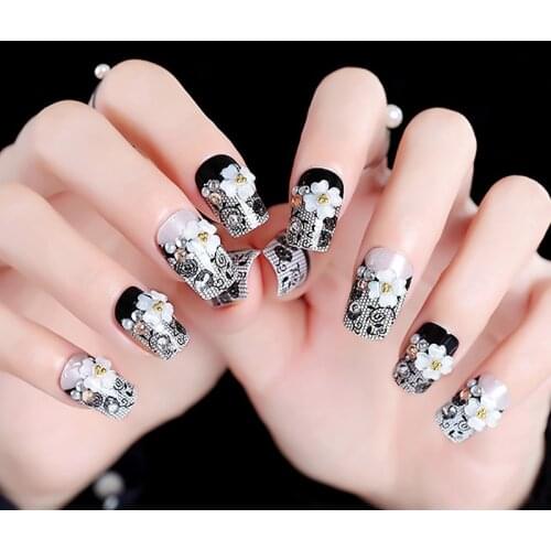 DIY Wedding French Style Artificial Nail Classical Black Color Nail Art Tips with Glue New Fashion 3D Flower Acrylic Fake Nails