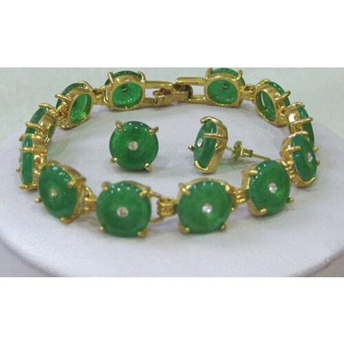 Natural Green Jade bracelet earrings set 7.5" AAA+AS+DW