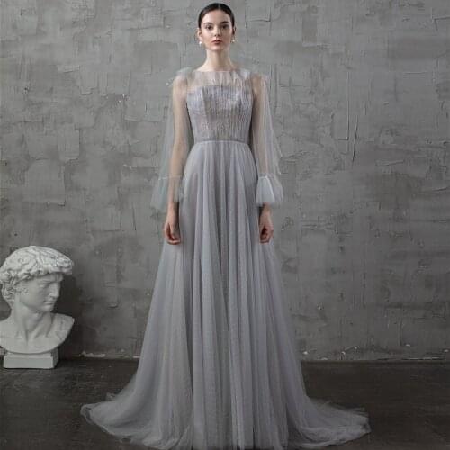 Grey Long Sleeves Evening Dress Tulle Party dress with Sweep Train A-line Long Robe de soiree elegant night dress