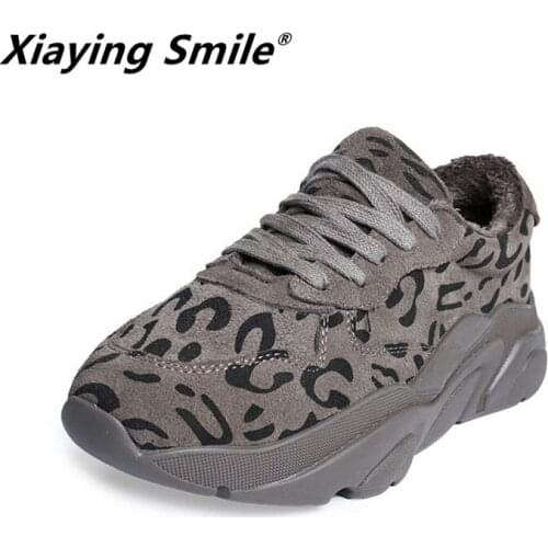 Xiaying Smile Women Snow Flats New Arrive Women Fashion Casual Keep Warm Short Plush Shoes Winter Lace-up Leopard Print Shoes