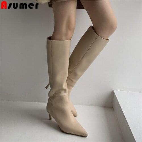 Asumer 2022 New Full Genuine Leather Boots Women Sexy High Heels Knee High Boots Autumn Winter Fashion Party Wedding Botas Shoes