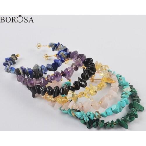 Boho Gems Stone Chips Earrings Natural Crystal Beads Handmade Earrings Amethysts Lapis Natural Stone Hoop Earrings Women HD0358