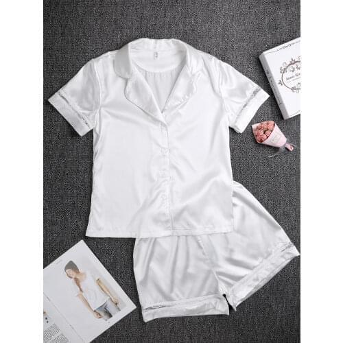 Women Satin Pajamas Set Summer Short Sleeve Button Down Sleep Tops with Shorts Female Sexy Lace Hollow Out Sleepwear Nightwear