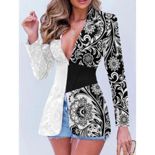 Autumn Winter Vintage Abstract Print Office Lady Blazer Coat Turn-down Collar Fashion Patchwork Outerwear Long Sleeve Women Tops