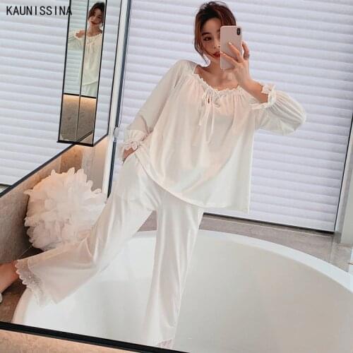 Womens 100% Cotton Pajama Set Women Long Sleeve Tops Long Pants 2 Piece Sets Female Lace White Princess Style Retro Sleepwear