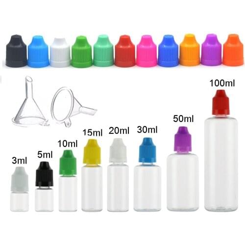 100pcs Needle Bottle 5ml 10ml 15ml 20ml 30ml 50ml PET Plastic Dropper Bottles with Childproof Caps For E Cig Liquid E juice